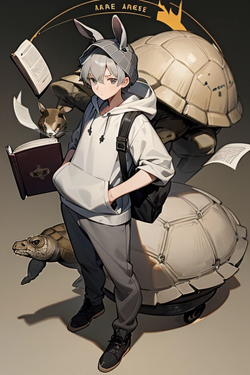 12 year old boy, grey hair, grey eyes, full body, Hare hoodie, tortoise hat, Journalist, Book & Pencil, 