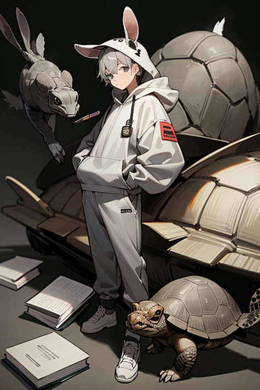 12 year old boy, grey hair, grey eyes, full body, Hare hoodie, tortoise hat, Journalist, Book & Pencil,