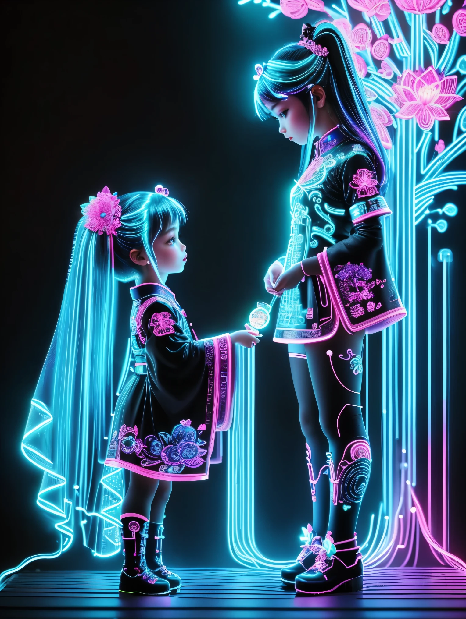 (Neon)，Circuit Board，Neon gradient light blue，Turquoise and purple artwork，(Full body rainbow image of a little princess and her mom)，(anatomically correct), (The background is solid black:1.5)，Chinese style，Fine lines，Clear lines，bold vibrant colours，Realistic form，shadow，perspective，(Ultra HD, masterpiece, precise, textured skin, High Detail, high quality, The award-winning, 8k), Super detailed, (1.4 times more realism)