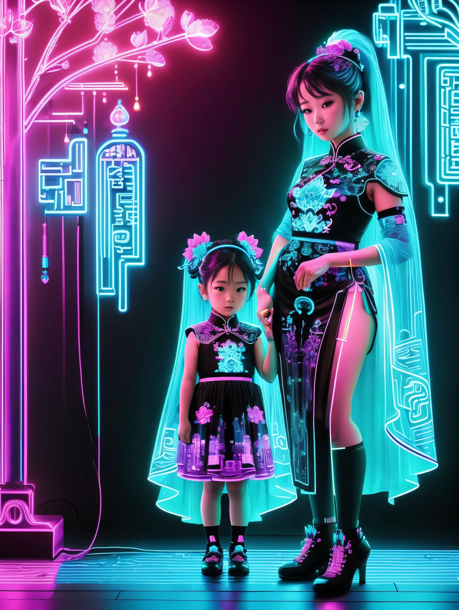 (Neon)，Circuit Board，Neon gradient light blue，Turquoise and purple artwork，(Full body rainbow image of a little princess and her mom)，(anatomically correct), (The background is solid black:1.5)，Chinese style，Fine lines，Clear lines，bold vibrant colours，Realistic form，shadow，perspective，(Ultra HD, masterpiece, precise, textured skin, High Detail, high quality, The award-winning, 8k), Super detailed, (1.4 times more realism)