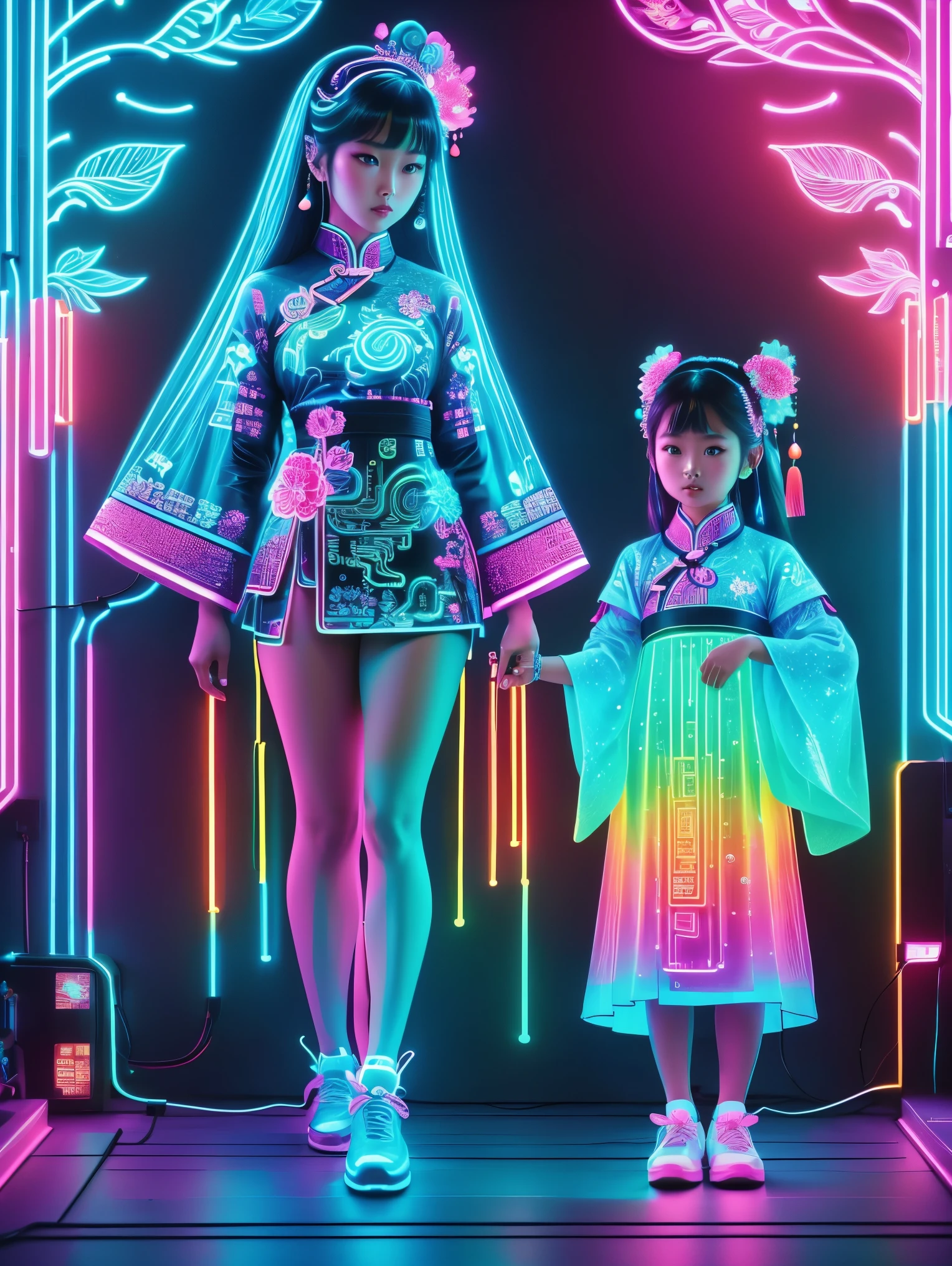 (Neon)，Circuit Board，Neon gradient light blue，Turquoise and purple artwork，(Full body rainbow image of a little princess and her mom)，(The background is black)，Chinese style，Fine lines，Clear lines，bold vibrant colours，Realistic form，shadow，perspective，(Ultra HD, masterpiece, precise, Anatomically correct, textured skin, High Detail, high quality, The award-winning, 8k), Super detailed, (1.4 times more realism)