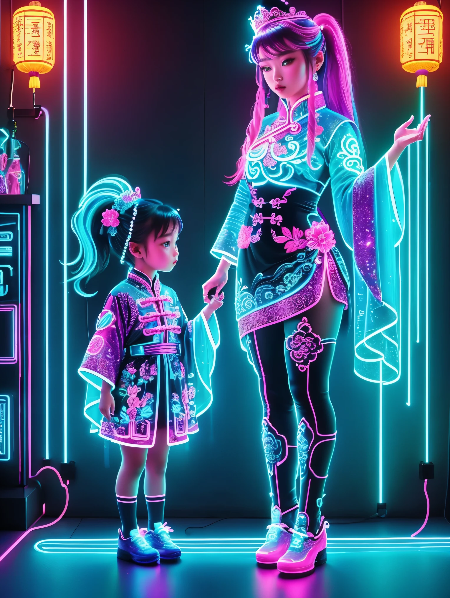 (Neon)，Circuit Board，Neon gradient light blue，Turquoise and purple artwork，(Full body rainbow image of a  princess and her mom)，(The background is black)，Chinese style，Fine lines，Clear lines，bold vibrant colours，Realistic form，shadow，perspective，(Ultra HD, masterpiece, precise, Anatomically correct, textured skin, High Detail, high quality, The award-winning, 8k), Super detailed, (1.4 times more realism)