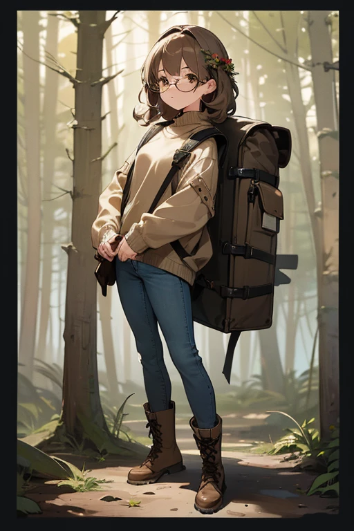 (masterpiece), Best quality, full body art, girl, 16 years, high, brown slightly wavy shaggy hair, wreath, light beige sweater, massive travel backpack, Gray jeans tucked into lace-up hiking boots, glasses with lenses, Brown eyes, Puzzled face, card in hand, In the forest at dusk