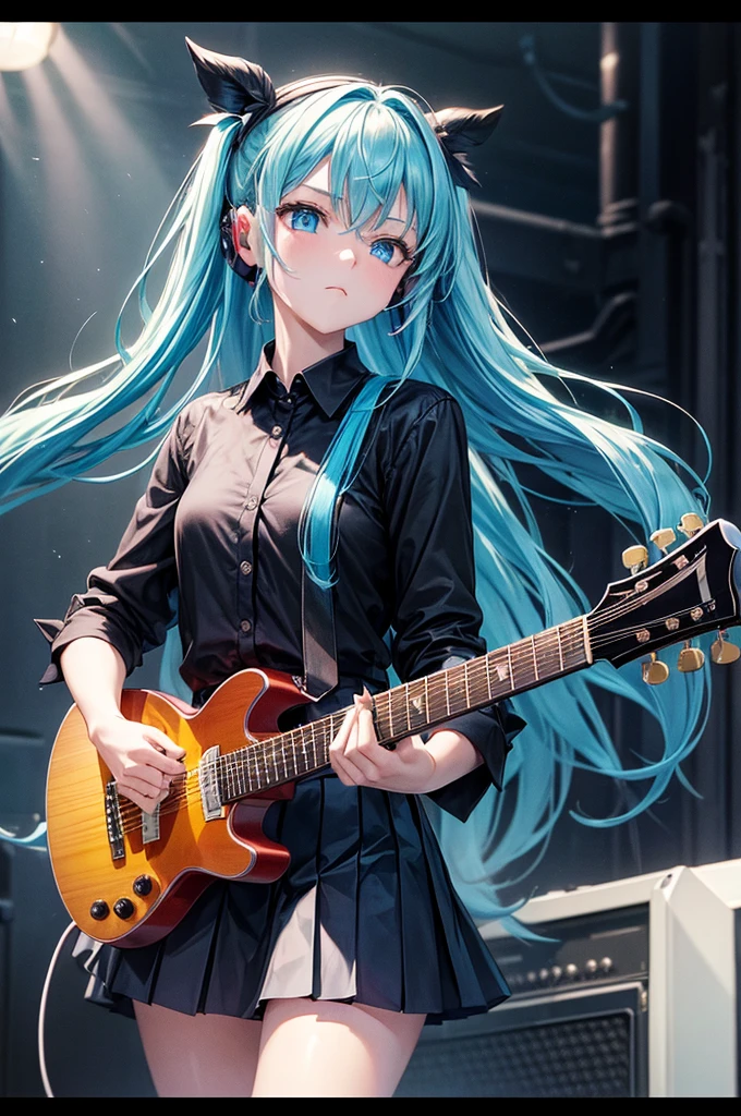 ((masterpiece, best quality))1 Girl, Solitary, Black skirt, blue eyes, electric Guitar, Guitar, earphone, Double tail, Keep, Keep plectrum, Musical Instruments, Long hair, music, one side up, cyan hair, Double tail, 弹Guitar, Pleated Skirt, Black shirt, Internal