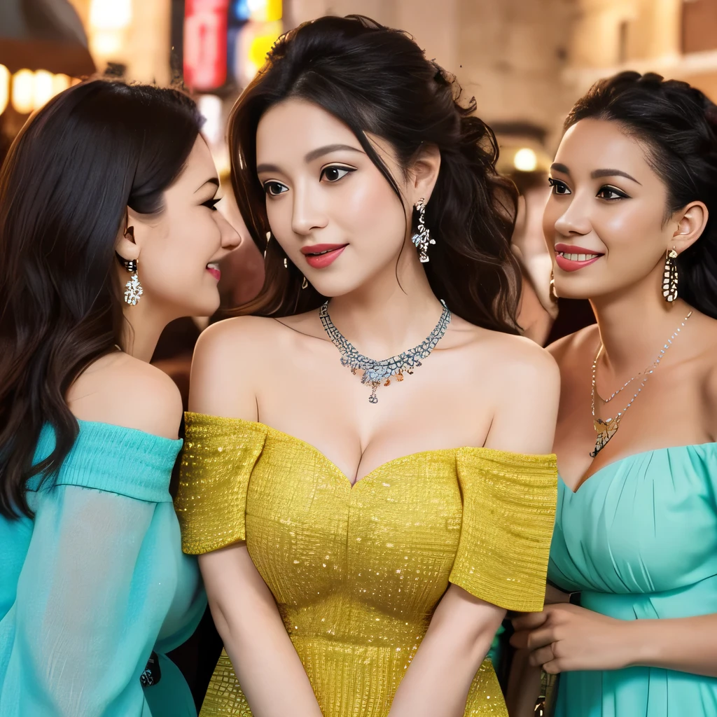 off-shoulder dress, 3 womans, cleavage,  crowd, wild hair, necklace beads
