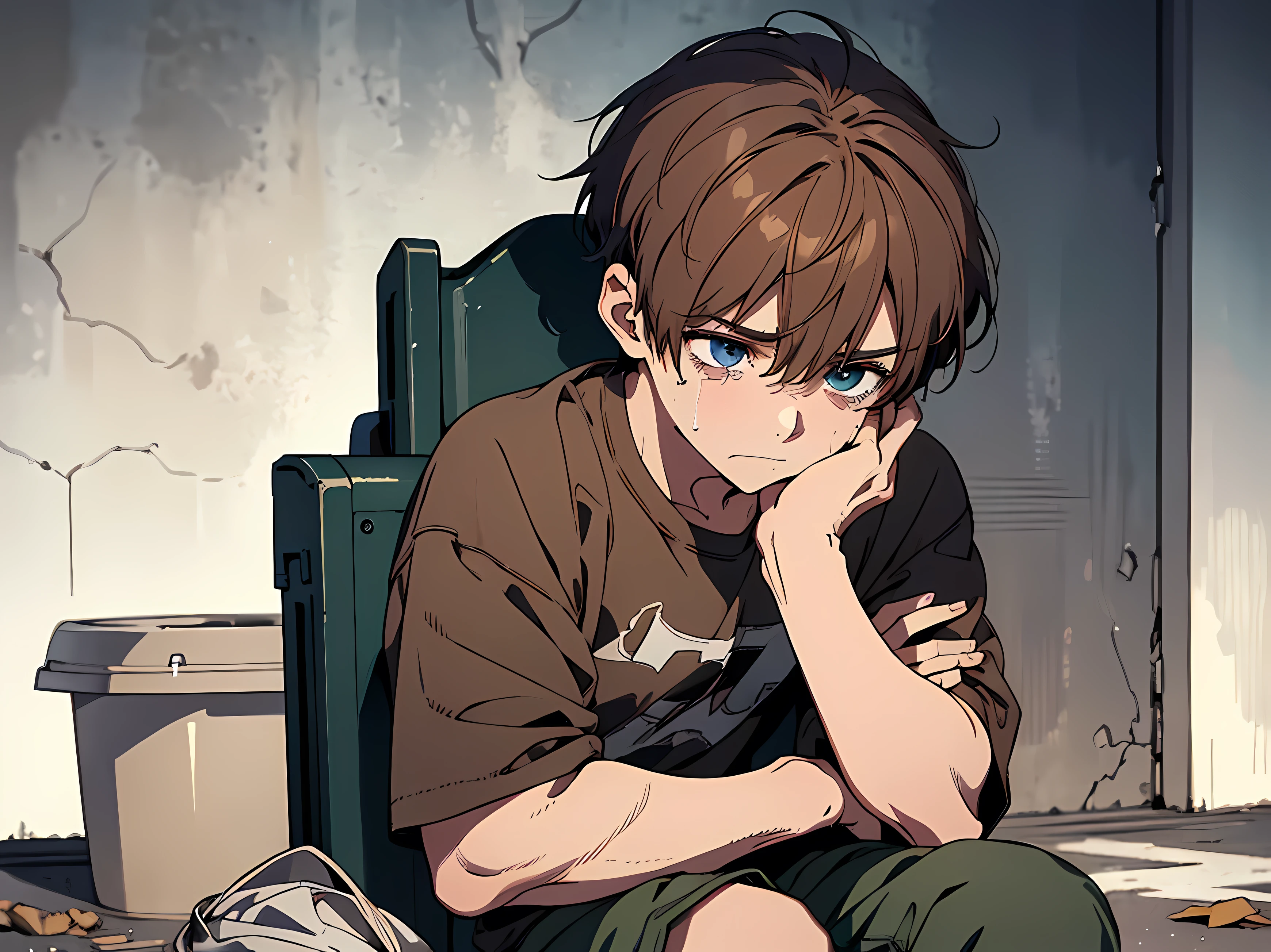 1 little boy, brown hair, short hair, crying, wounds in his hand, wearing torn clothes, frightened facial expression, face to detail, detailed eyes, perfect hands, sitting in the corner, the background is near the trash, full-body illustration