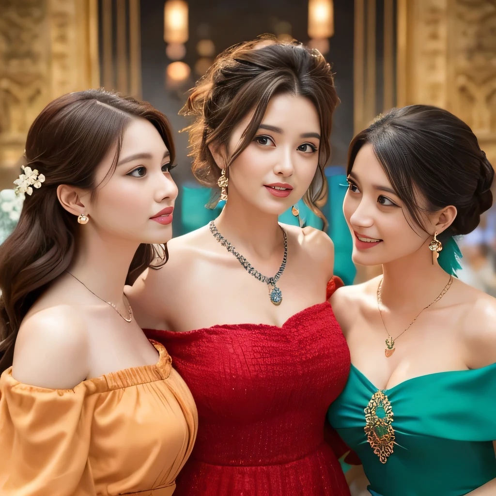 off-shoulder dress, 3 womans, cleavage,  crowd, wild hair, necklace beads
