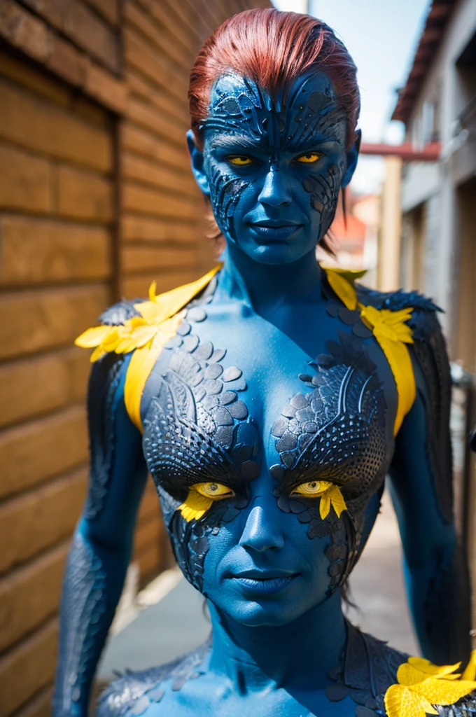 , Sunrise, High Depth of Field,(mystique, blue skin, red hair, yellow eyes, scales:1.2), full body 