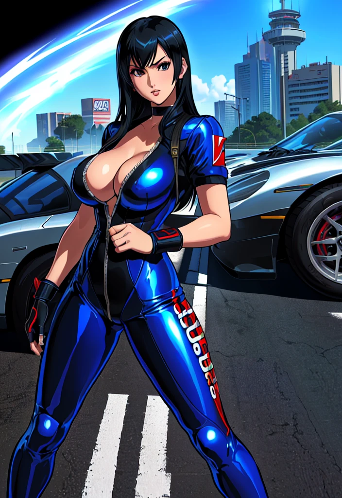 (a cartoon picture of a solo woman in a blue latex suit inspired by: nico robin, tifa lockhart, marin kitagawa fanart, hinata hyuga, mayuri shiina, character from king of fighters, drawn like the anime speed racer), seductive anime girl,  thicc, biomechanical oppai, on a racetrack, oppai, wearing tight suit, cyberpunk racetrack, (illustration inpired by : f zero, redline, wipeout, speed racer and king of fighters)