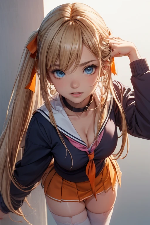 (cowboy shot: 1.5), (white background, simple background: 1.5), (masterpiece:1.5), (big breasts), 1 girl, young woman, (Beautiful Girl:1.5), (extremely detailed and delicate anime face and eyes:1.5), whole body, (natural light, HDR, extremely details CG:1.3), (dynamic posture:1.3), {correct body anatomy}, (wide hips:1.4), (perfect hands:1.3), single focus, toned body, Beautiful Lips, thick lips, {surreal}, {correct posture}, {minutes details}, {detailed body}, {detailed clothing}, {Bright Eyes}, (cleavage: 1.3), {accessories}, {sexy}, {solo}, , sailor suits, (school sailor suit: 1.5), white sailor uniform, (sailor fuku: 1.3), zettai ryoiki, (navy blue pleated skirt: 1.3), light brown skirt, (light brown shirt: 1.5), (light brown long sleeves: 1.3), (navy blue sailor collar: 1.3), serafuku, (white thighhighs: 1.5), white socks, ribbon, (red neckerchief: 1.3), red sailor tie, bracelets, white choker, dark brown loafers, earrings, (hair ribbon: 1.3), necklace, (light smile: 1.3), long hair, (two-tone hair: 1.5), (blonde hair with pink and orange streaks: 1.5), (long twintails: 1.5), (nape hair: 1.5), (sidelocks: 1.3), (aquamarine eyes: 1.3),