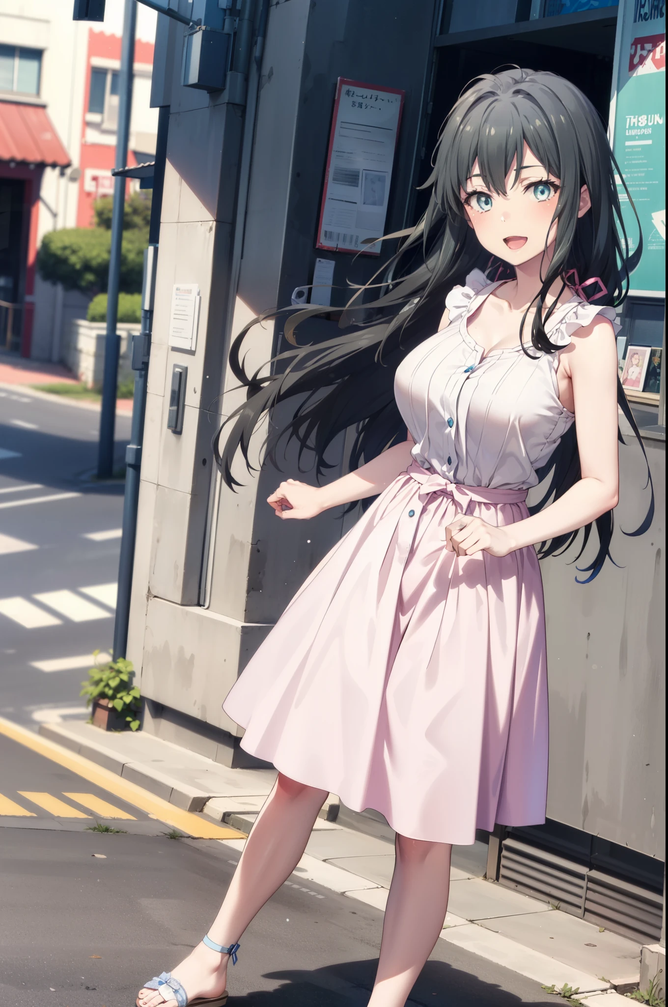 yukinoyukinoshita, Yukino yukinoshita, Black Hair, blue eyes, Long Hair,smile, (Big Breasts:1.2),happy smile, smile, Open your mouth,
, Sleeveless pink dress,Pink long skirt,Cute Sandals,walking,Real Summer,Daytime,sunny,whole bodyがイラストの中に入っていくように,
break outdoors ,In town,Building district,　　　　　　　　　　　　　　　break looking at viewer, whole body,
break (masterpiece:1.2), highest quality, High resolution, unity 8k wallpaper, (shape:0.8), (Beautiful and beautiful eyes:1.6), Highly detailed face, Perfect lighting, Highly detailed CG, (Perfect hands, Perfect Anatomy),