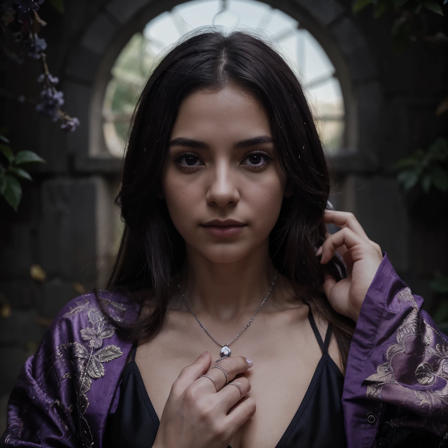 **title: "El Maldito"**

**Imagen de fondo:** A night sky dyed an intense purple that suggests mystery and magic. El fondo se adorna con flores de lila y grosellas esparcidas sutilmente a lo largo de la escena, adding a touch of wild nature and shadowy beauty.

**Elementos centrales:**
1. **Katana:** En el centro, una katana con un brillo sobrenatural corta el aire, su hoja reflejando destellos de la luz de la luna. The handle is intricately worked with silver and purple gems that resonate with the color of the background..
   
2. **Anillo de compromiso:** Colocado delicadamente sobre la parte plana de la hoja, an engagement ring with a large diamond that captures the light and reflects it in multiple lilac hues. La banda del anillo es de oro blanco, intricately engraved with small lilacs and currants.

**Detalles adicionales:**
- **Niebla sutil:** Una ligera niebla rodea la base de la katana, difuminando ligeramente las flores y las grosellas, which adds an air of mystery and the supernatural.
- **Estrellas:** Little stars shine on the purple background, sugiriendo un universo vasto y desconocido.
-**Cuervo:** Un  cuervo en vuelo, sus alas extendidas tocando los bordes de la portada, adds a touch of foreshadowing and mystery
**Texto:** title "The Cursed" is placed on top in an elegant, gothic typography, con un color plateado que complementa el anillo y los detalles de la katana.

**General Impression:** La portada combina elementos de romance, tragedia y misticismo, capturando la esencia de una historia sobre maldiciones, lost love and redemption.