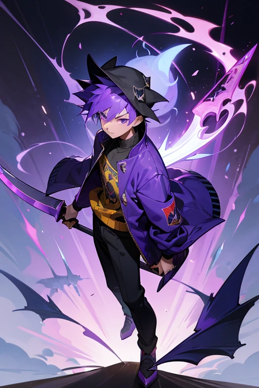  boy, spiky purple hair, indigo eyes, full body, dino jacket, dino cap, Shaman, Purple Flame, Dragon Blade, Boar Axe, Bat Blaster Gun,