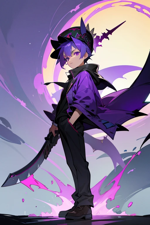 12 year old boy, spiky purple hair, indigo eyes, full body, dino jacket, dino cap, Shaman, Purple Flame, Dragon Blade, Boar Axe, Bat Blaster Gun,