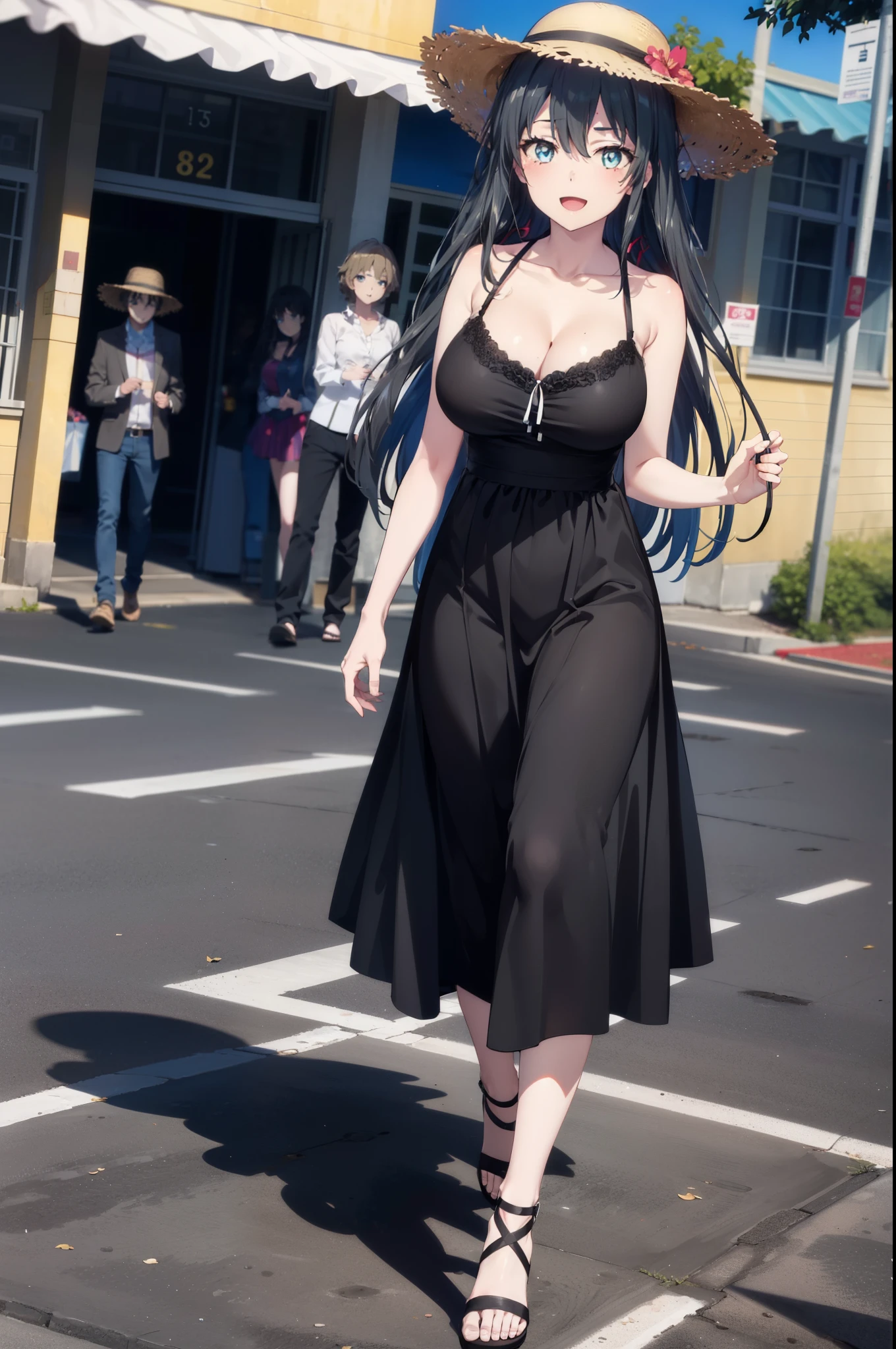 yukinoyukinoshita, Yukino yukinoshita, Black Hair, blue eyes, Long Hair,smile, (Big Breasts:1.2),happy smile, smile, Open your mouth,Straw hat,
, Sleeveless black dress,Black long skirt,Cute Sandals,walking,Real Summer,Daytime,sunny,whole bodyがイラストの中に入っていくように,
break outdoors ,In town,Building district,　　　　　　　　　　　　　　　break looking at viewer, whole body,
break (masterpiece:1.2), highest quality, High resolution, unity 8k wallpaper, (shape:0.8), (Beautiful and beautiful eyes:1.6), Highly detailed face, Perfect lighting, Highly detailed CG, (Perfect hands, Perfect Anatomy),