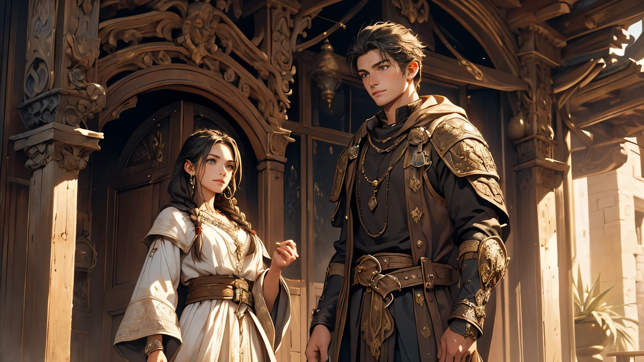 A girl with long black braided hair, dressed in black adventure clothes, standing confidently in front of the door of a majestic medieval house. The girl's eyes are captivating, with stunning detail and a spark of curiosity. Her lips are beautifully detailed, adding to her enchanting presence.
In the background, the house has intricate architectural details that showcase its medieval charm. The door is made of weathered wood, with ornate carvings and iron accents. The girl stands at the doorstep, her hand reaching out to knock on the door, ready to embark on an exciting journey.
Beside the girl, a young man with black hair dressed in shabby white clothes opens the door. His face carries a sense of mystery and intrigue. The girl's gaze meets his, creating a connection that sparks anticipation for the adventure ahead.
The overall image quality is of the highest caliber, with best quality, ultra-detailed, and photorealistic aspects incorporated. The colors are vivid, highlighting the rich palette of the medieval fantasy world. The lighting evokes an aura of enchantment, with soft golden rays cascading onto the scene.
The prompt also embraces the medium used to create this artwork. It captures the essence of a painting, with brushstrokes adding depth and texture to the image. The scene is rendered with such precision and attention to detail that it resembles a masterpiece.
This prompt embodies the medieval fantasy art style, combining elements of adventure, mystery, and imagination. It invites Stable Diffusion to generate a captivating image that transports viewers to a world of magic and wonder.
Keywords: a girl with long black braided hair, black adventure clothes, detailed eyes, detailed lips, a majestic medieval house, intricate architectural details, weathered wood door, young man in shabby white clothes, best quality, ultra-detailed, photorealistic, vivid colors, enchanting lighting, painting medium, medieval fantasy art style.
