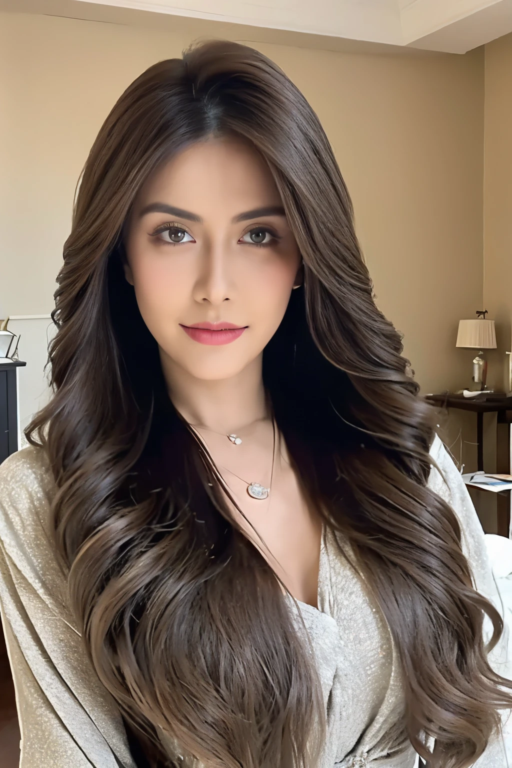 Side photo of a confident Indian woman, Princess Scythe with flowing long hair, browneyes, Wear designer jewelry, Visible C-cup breasts sit on royal gardens, palace background, The bokeh is perfectly framed, Hyperrealistic, Super detailed, 8K, High quality, trending art, trending on artstationh, Sharp focus, photographed, Intricate details, Highly detailed, art of greg rutkowski
