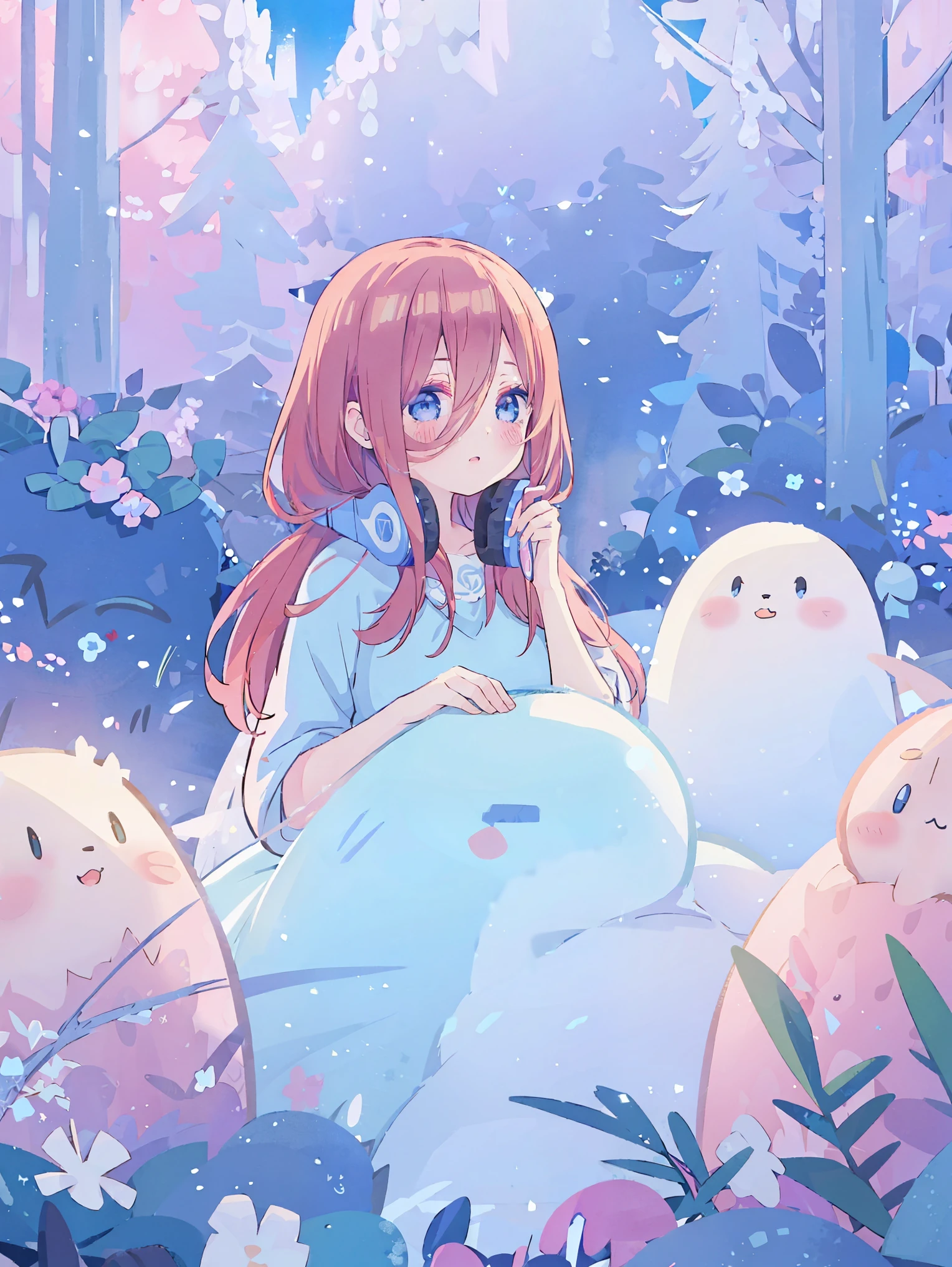 beautiful girl, gradient light blue and cream ballgown, long fluffy red brown hair, otherworldly pink indigo light blue and lilac pastel landscape background, watercolor illustration, disney art style, glowing aura around her, flowing glowing hair, glowing flowing hair, fantasia otherworldly landscape, beautiful, masterpiece, best quality, miku nakano, headphones, blue eyes,  looking at camera