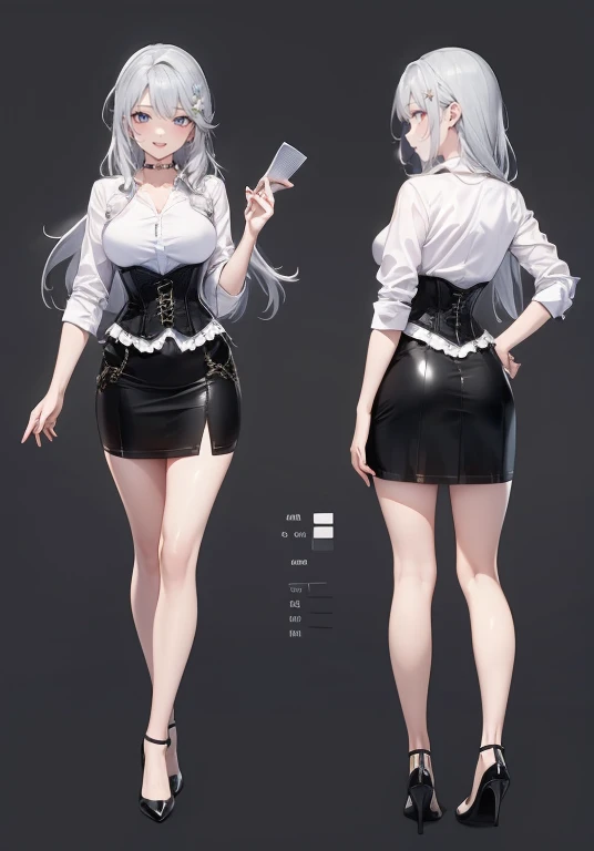 silver hair,Long hair,Adult female,Bartender,((Rolling up your sleeves shirt)),(Corset),(Tight skirt),High heels,((Simple background)),Smile,((Full body)),((whole body)),Character Sheet,