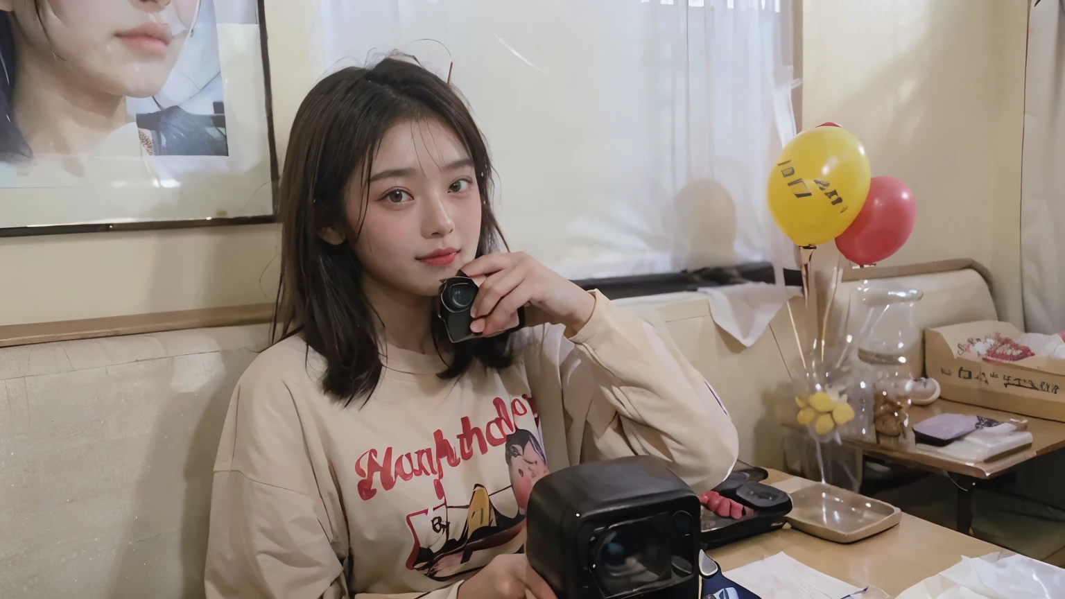 1 girl, Japanese, (alone), (chest up shot), 18-year-old student, (Having fun at a birthday party), holding a Polaroid camera, (A detailed face), skin textured, Adult face, brown hair, (Cute long sleeve t-shirt), , in a house, 25mm lens portrait 80s style, vintage look
