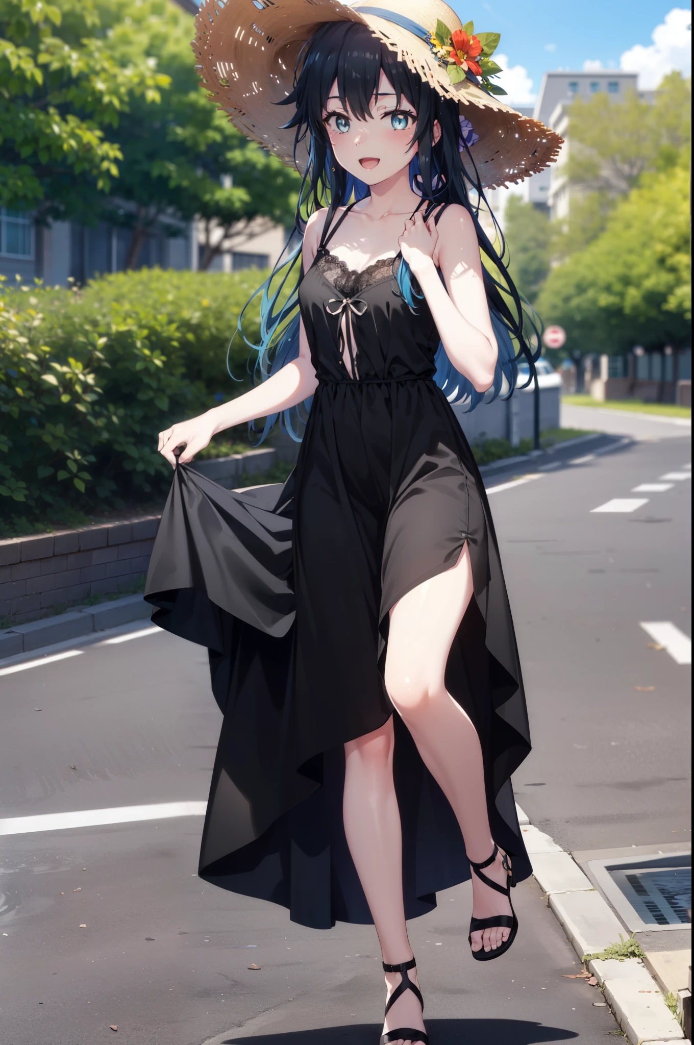 yukinoyukinoshita, Yukino yukinoshita, Black Hair, blue eyes, Long Hair,smile, Small breasts,happy smile, smile, Open your mouth,Straw hat,
, Sleeveless black dress,Black long skirt,Cute Sandals,walking,Real Summer,Daytime,sunny,whole bodyがイラストの中に入っていくように,
break outdoors ,In town,Building district,　　　　　　　　　　　　　　　break looking at viewer, whole body,
break (masterpiece:1.2), highest quality, High resolution, unity 8k wallpaper, (shape:0.8), (Beautiful and beautiful eyes:1.6), Highly detailed face, Perfect lighting, Highly detailed CG, (Perfect hands, Perfect Anatomy),