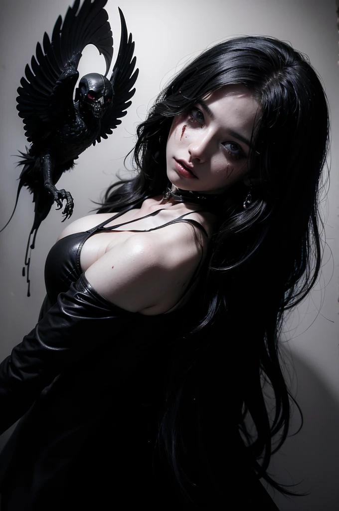 (masterpiece, top quality, best quality, official art, beautiful and aesthetic:1.2), (black and white:1.5), a pale girl with white skin, long hair flowing, black hair, blood dripping from above, demon behind in all black, occult, oil painting:1.5, gloomy, holy, dark backgroound, black background, a dark shadow behind, side view 