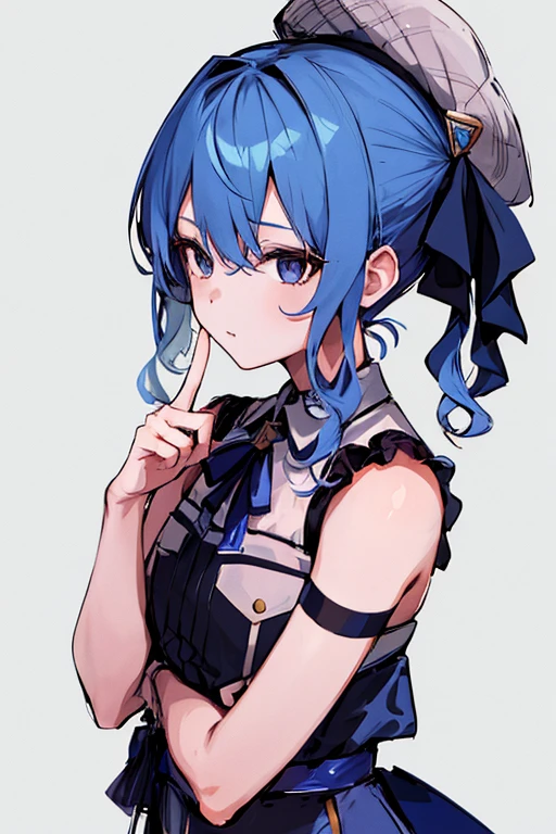 1girl, solo, hoshimachi suisei \(1st costume\), sketch,
middle finger, side ponytail, 
white background,
masterpiece, best quality, very aesthetic, absurdres,