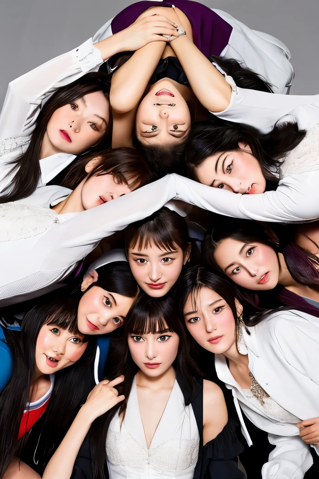 highest quality,masterpiece,detailed skin, detailed clothes,detailed face,20 cute girls,whole bodies,pile on,pile up,human pyramid,human tower