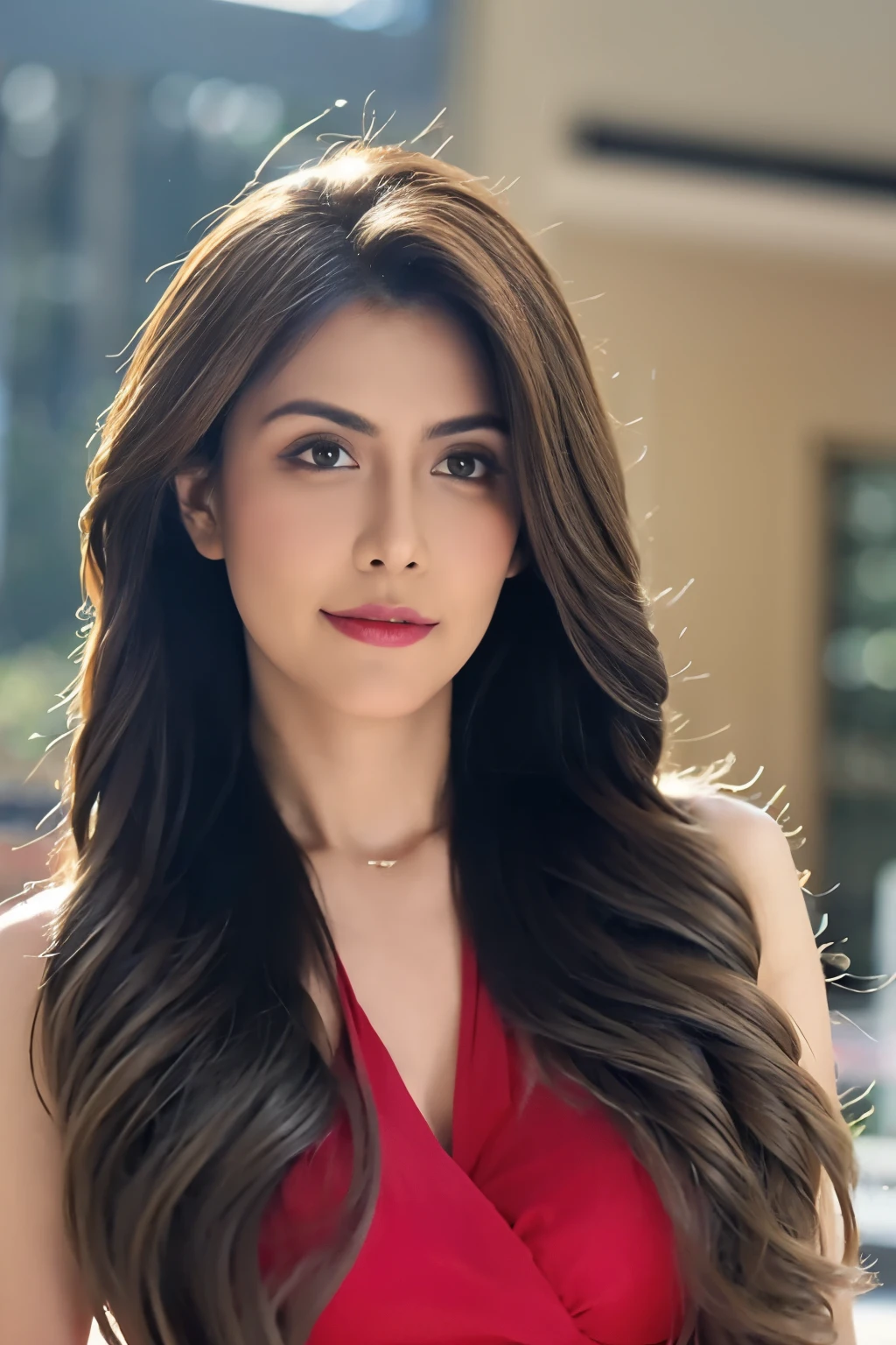 Side photo of a confident Indian woman, Princess Scythe with flowing long hair, browneyes, Wear designer jewelry, Visible C-cup breasts sit on royal gardens, palace background, The bokeh is perfectly framed, Hyperrealistic, Super detailed, 8K, High quality, trending art, trending on artstationh, Sharp focus, photographed, Intricate details, Highly detailed, art of greg rutkowski