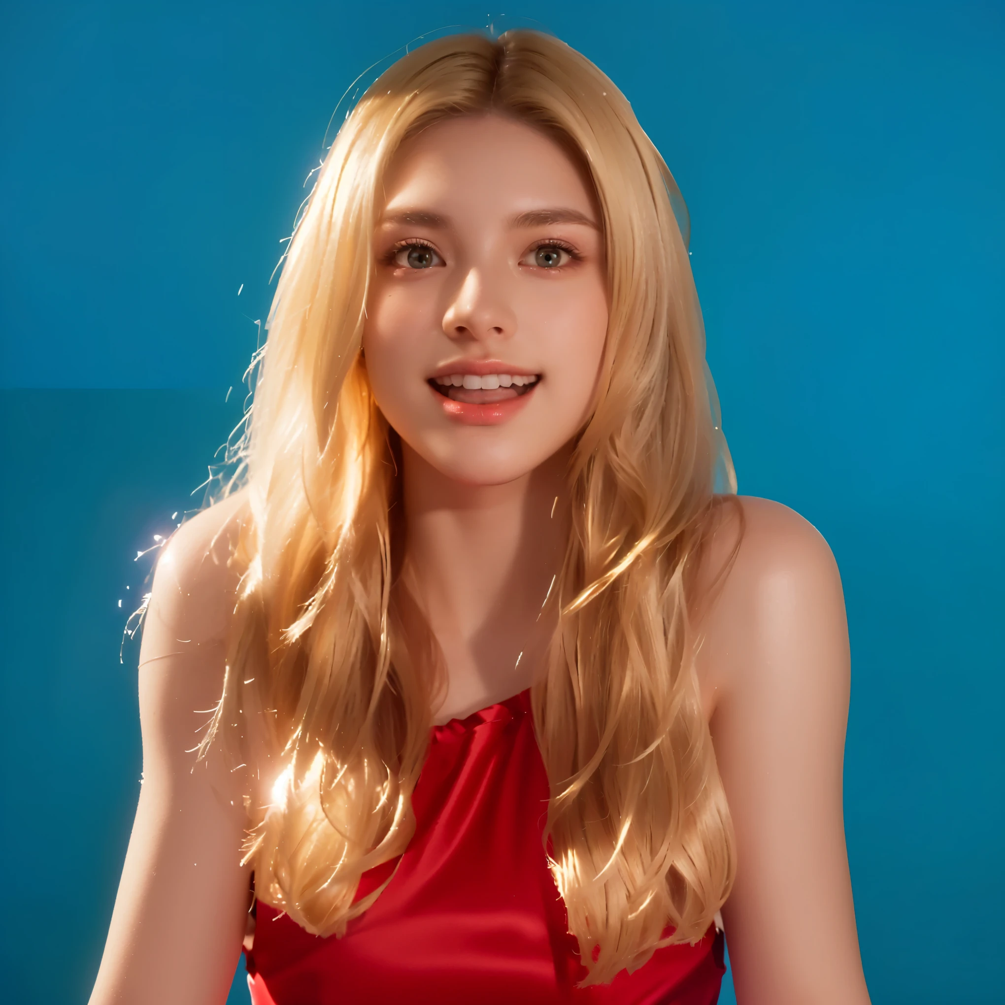 blonde sits on a chair with arms outstretched and blue background, young swimsuit model, gorgeous young model, young teenager, girl model, long hair and red clothes, with long blonde hair, photo of slim girl model, swimsuit, gorgeous young model, young , 12 year old girl model, perfect skin, satin skin, perfect satin skin, European teenage with blond beautiful hair and wearing a red sports bra is sitting on a chair. glossy texture, multiple light sources, rim light, sharp post effects render, (glossy texture with multiple big light probe refractions), perfect cgi, smooth silhouette, most beautiful vfx, blue background. laying on a blue backgroud, glossy texture, smooth 3d model, multiple light sources, rim light, sharp post effects render, (glossy plastic texture with multiple big light probe refractions), perfect cgi, smooth silhouette, high intensity refraction, (super glossy material), most beautiful vfx, realistic, 4k, high resolution, rim light, photo shoot, commercial photo, profile shot, 4k, rim light, high resolution, 4k, glossy texture, smooth 3d model, multiple light sources, rim light, sharp post effects render, perfect cgi, smooth silhouette, high intensity refraction