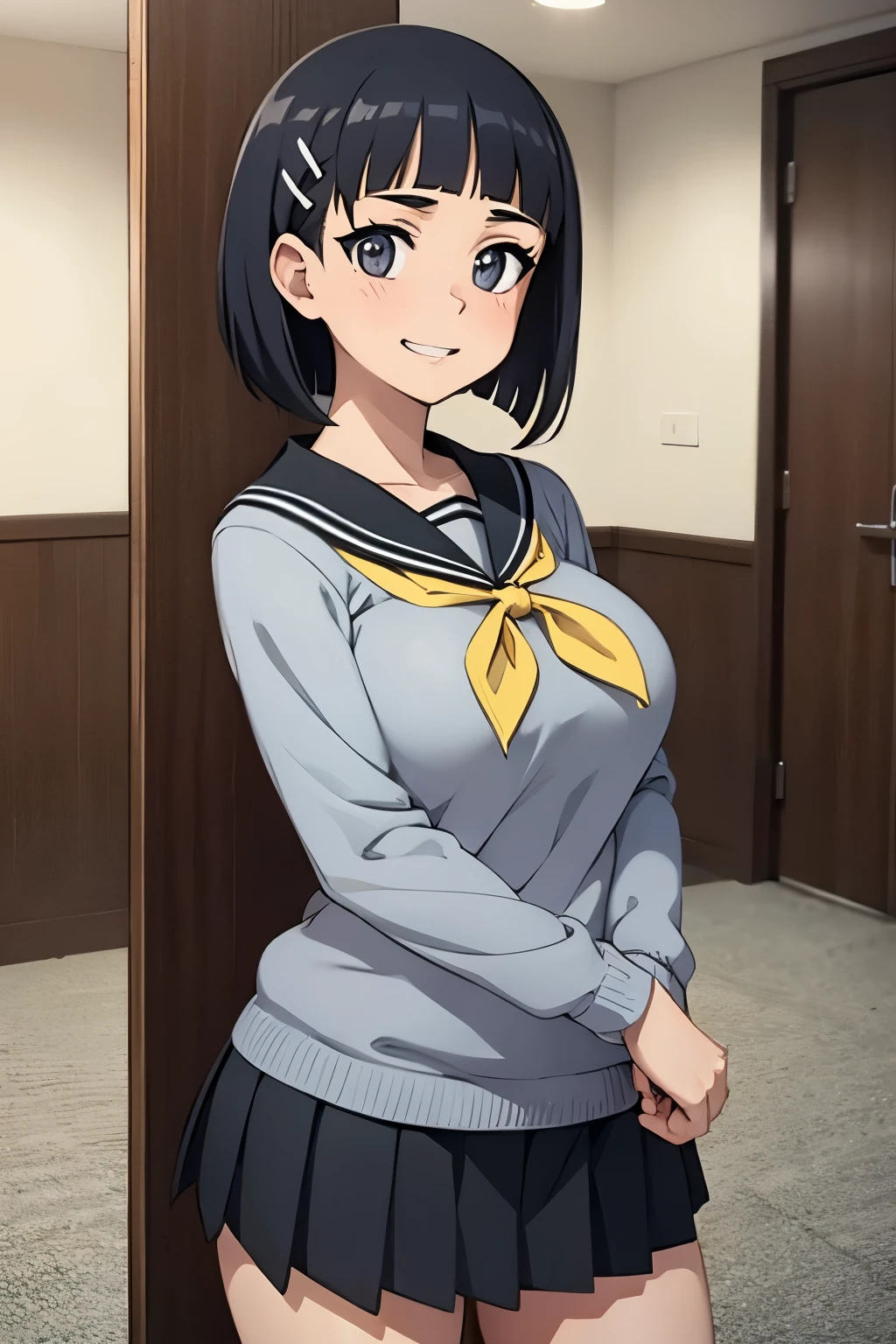 1 hot girl, dark hair, dark grey eyes, grin, gorgeous, aasugu, short hair, hairclip, grey sweater, black sailor collar, yellow neckerchief, black skirt, large breasts