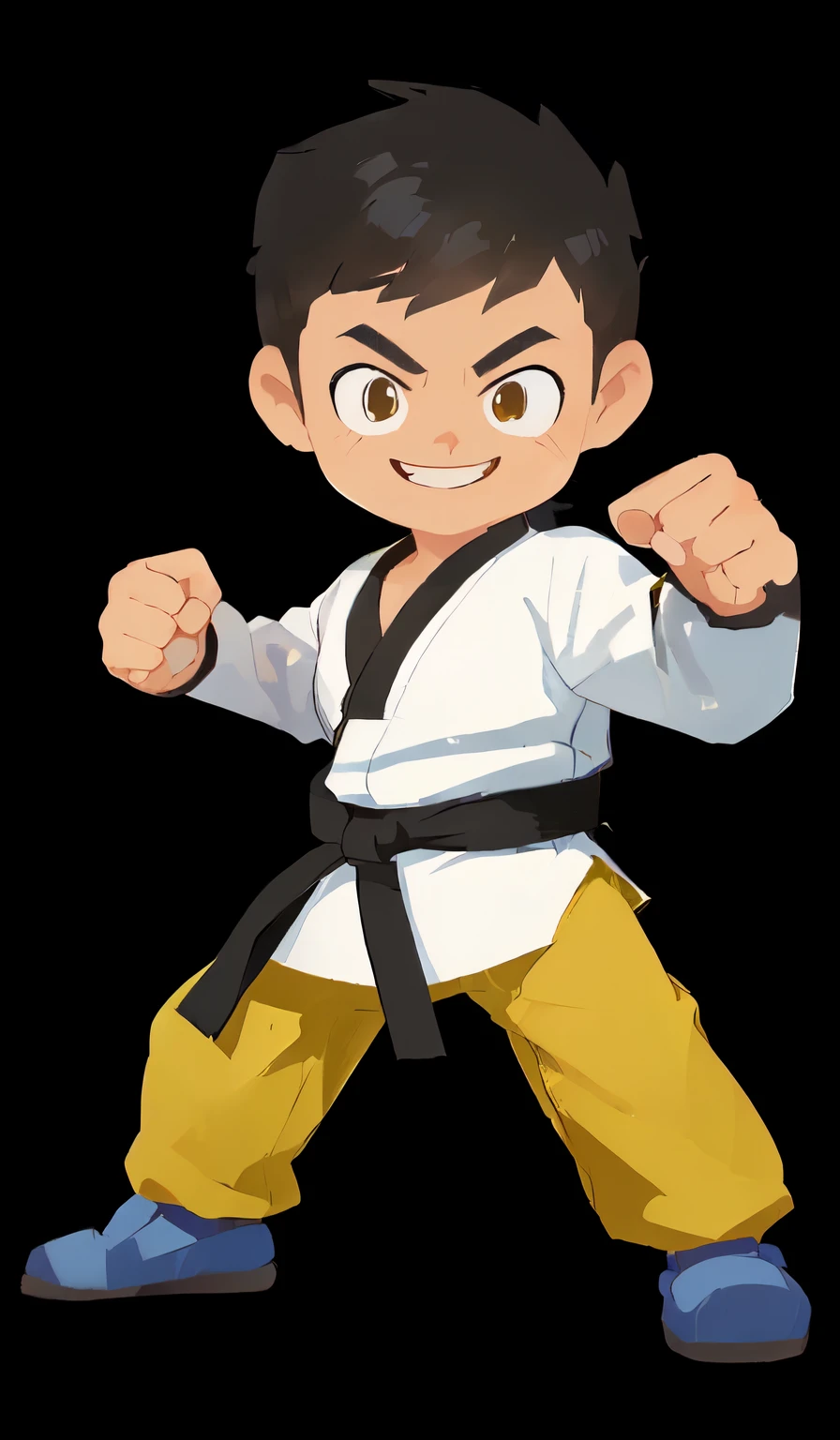 cartoon karate boy with black belt and yellow pants, martial art pose, karate pose, fighting stance, fighting game character, doing martial arts, martial arts, fighter pose, karate kick, fighting pose, karate, cartoon illustration, cartoon style illustration, in a fighting stance, karate outfit, fighting stance energy, in a fighting pose, fight pose, vector shaded anime, smiling brave face