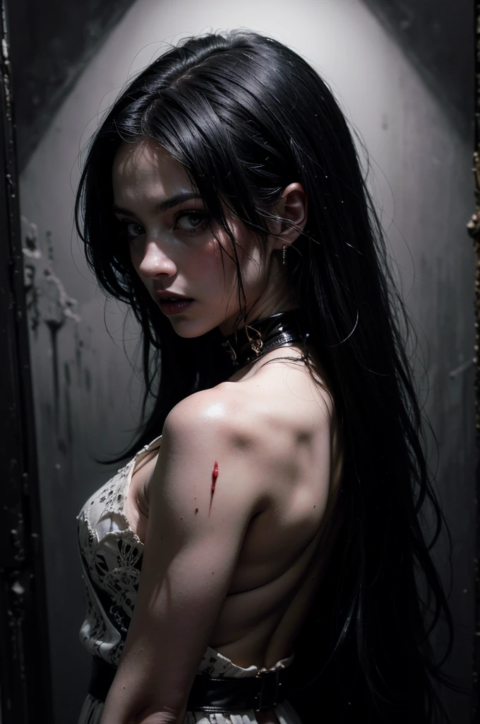 (masterpiece, top quality, best quality, official art, beautiful and aesthetic:1.2), (black and white:1.5), a pale girl with white skin, long hair flowing, black hair, blood dripping from above, demon behind in all black, occult, oil painting:1.5, gloomy, holy, dark backgroound, black background, a dark shadow behind, side view