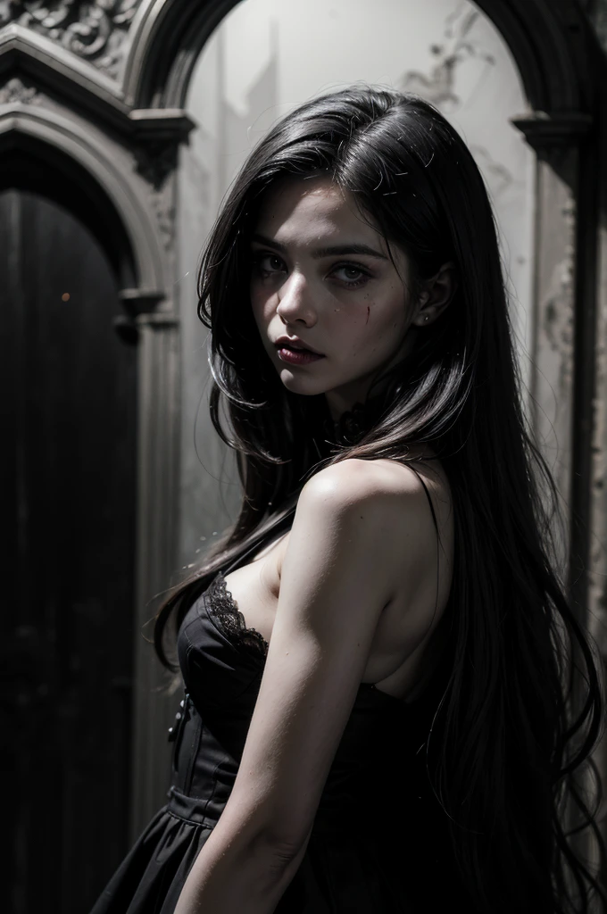 (masterpiece, top quality, best quality, official art, beautiful and aesthetic:1.2), (black and white:1.5), a pale girl with white skin, long hair flowing, black hair, blood dripping from above, demon behind in all black, occult, oil painting:1.5, gloomy, holy, dark backgroound, black background, a dark shadow behind, side view