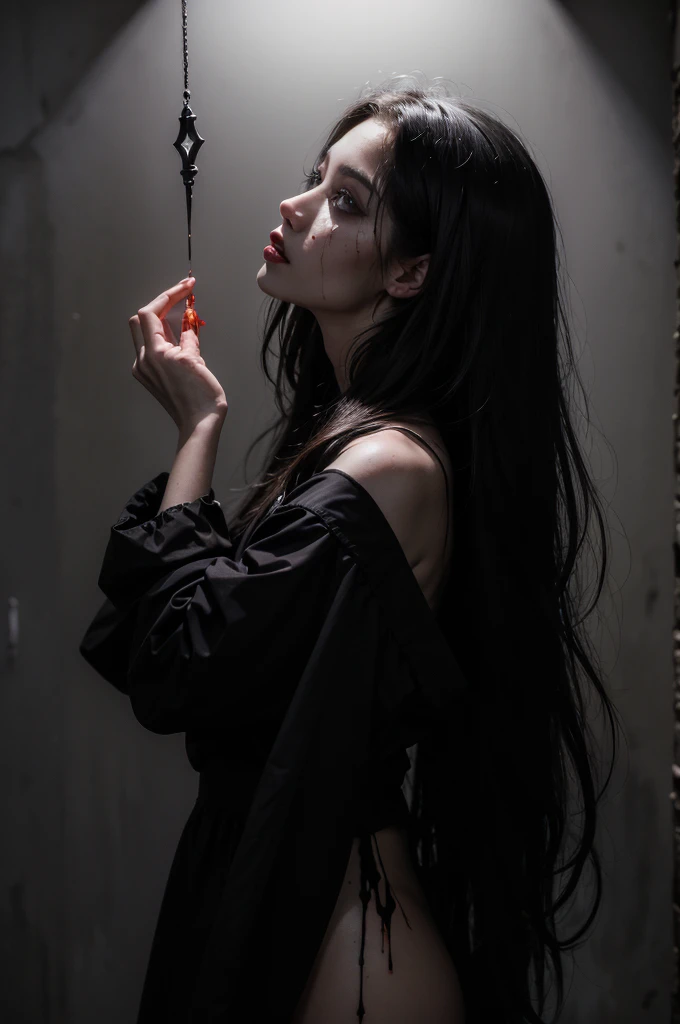 (masterpiece, top quality, best quality, official art, beautiful and aesthetic:1.2), (black and white:1.5), a pale girl with white skin, long hair flowing, black hair, blood dripping from above, demon behind in all black, occult, oil painting:1.5, gloomy, holy, dark backgroound, black background, a dark shadow behind, side view