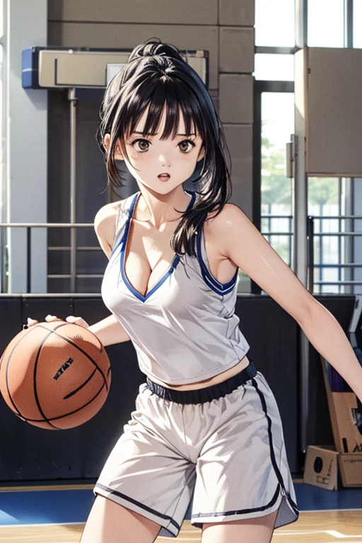 (8K、top-quality、​masterpiece:1.2)、(realisitic、ultra-detailliert、超A high resolution,beautifull detailed face,perfect body,(1 girl,black long hair,ponytail,black eyes,cleavage,sideboobs),playing basketball,lean forward,(basketball wear,white wear,short pants,wear over naked,loose wear),inside,basketball court,team members in the court,sweat,serious,looking up