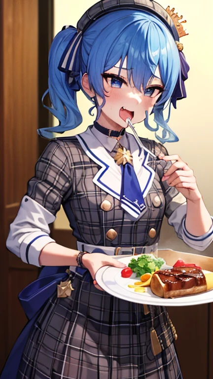 (Steak on a plate),flat chest,8k,highest quality,masterpiece, highest quality, High resolution, Side Ponytail, hoshimachi suisei,flat ,flat breasts,(flat chest),thin , skinny , (((( Hold the fork )))) , (((( facial)))), smile, ((( vapor ))), ,throw ,Perfect Fingers,Open Mouth,Drooling Heavy breathing,