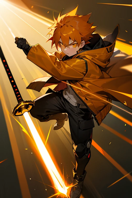 12 year old boy, spiky orange hair, glowing yellow eyes, full body, firefly jacket, Firefly Goggles, Hero of Justice, Solar Saber, Sunbeam, Sunlight, Sunny,