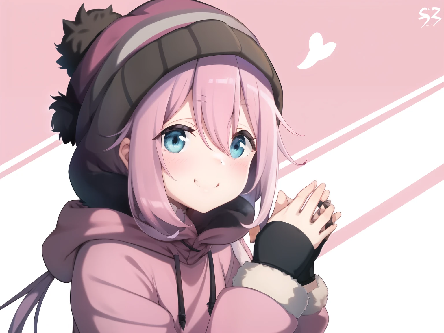 upper body, nade,  in a pink hoodie looking cold 1girl, solo, s, blue eyes, long hair, low twintails, hair between eyes, looking at viewer, , smile, blush, simple background,  , Faux Fur Winter Bonnets Thick Earflap,   black Fingerless Gloves ,well drawn  hands  ,rubbing hands together