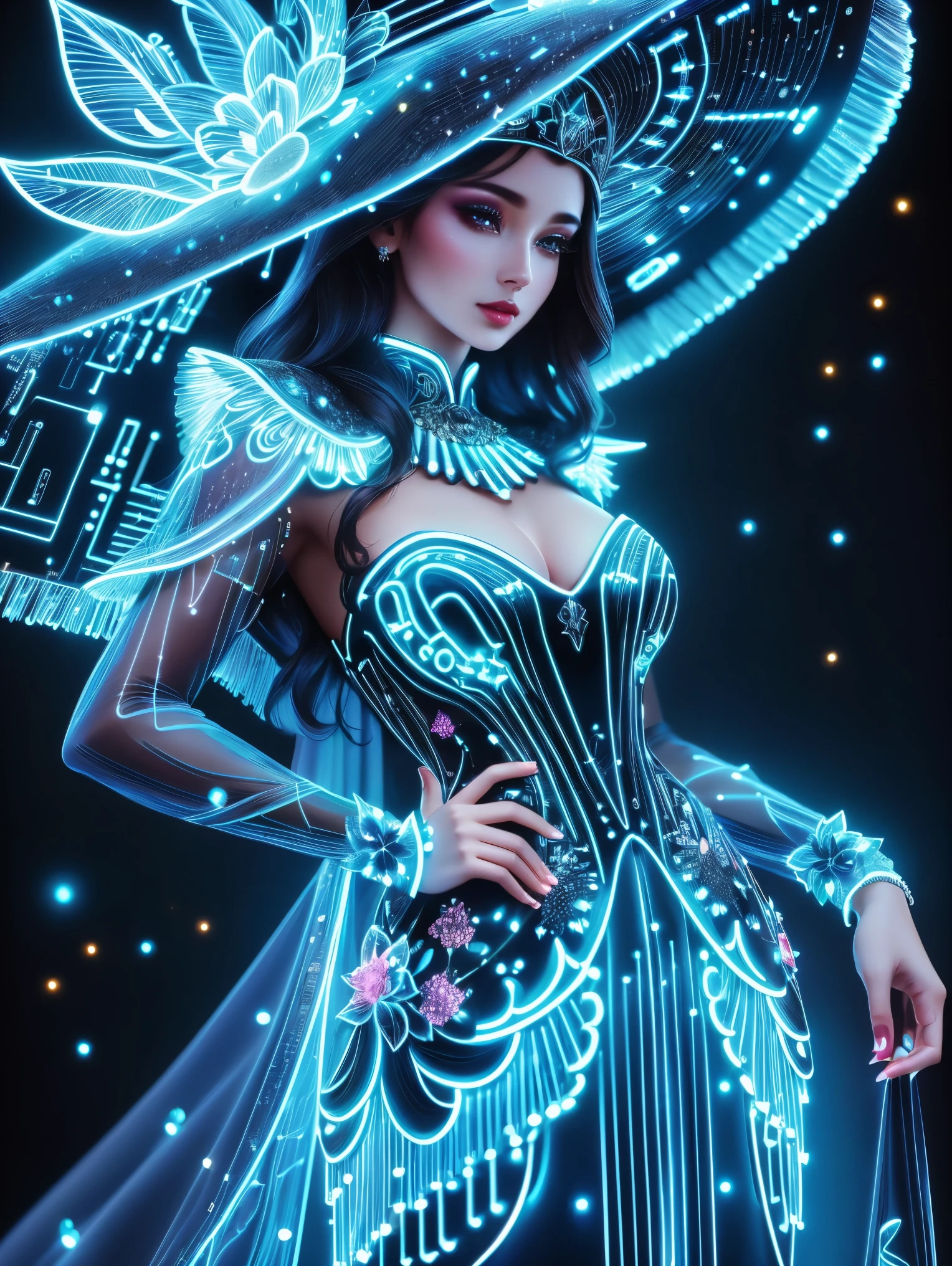 (Neon)，Circuit Board，elegant, fashion design. Elegant and dress fashion illustration with a fluttering dress and hat in neon blue against a black background. The figure appears to be glowing from within, creating a glamorous effect that highlights the lavish texture of her outfit. Her posture exudes confidence and elegance, showcasing the beauty of the outfit，(Ultra HD, masterpiece, precise, Anatomically correct, textured skin, High Detail, high quality, The award-winning, 8k), Super detailed, (1.4 times more realism)