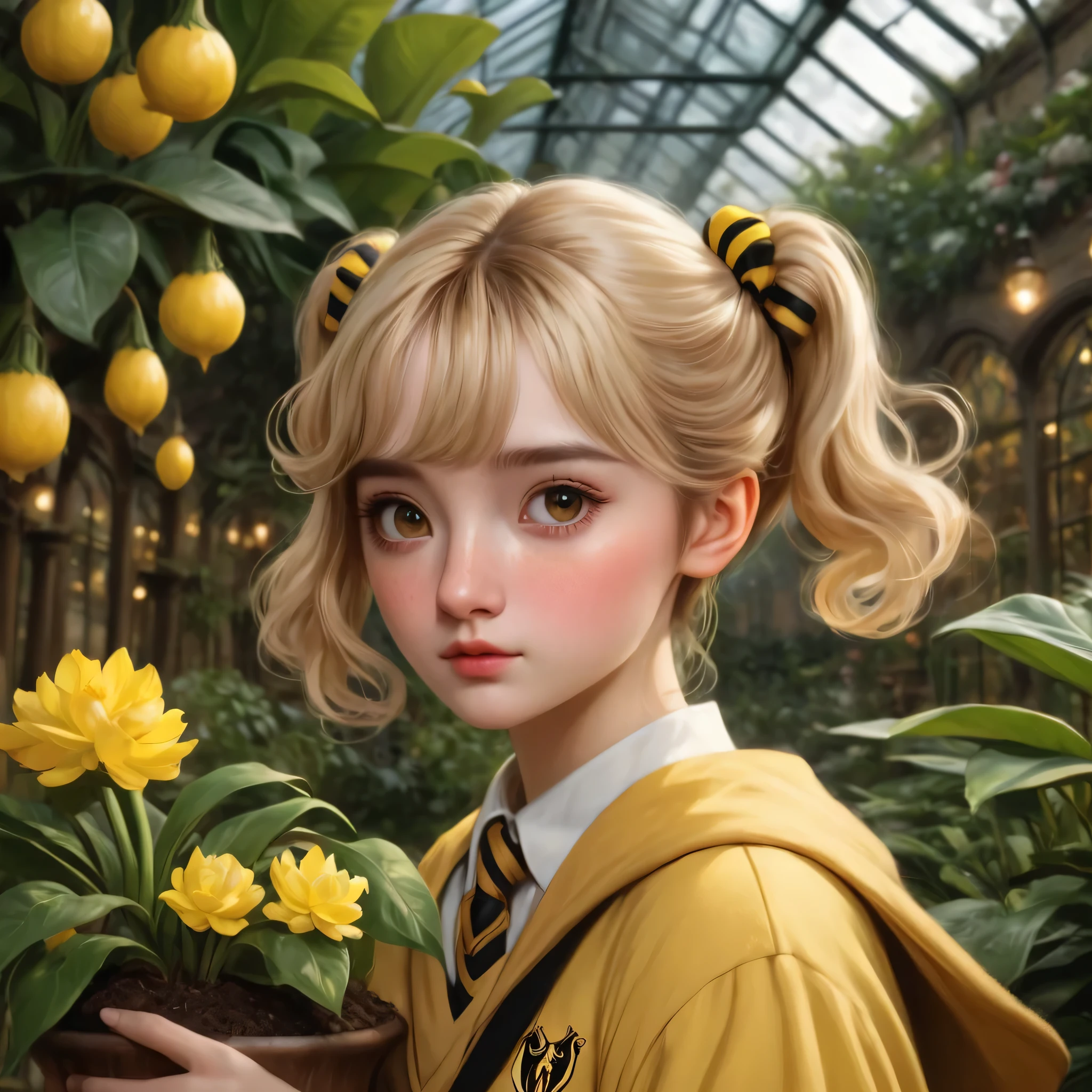 best quality, Masterpiece, Hogwarts students, Hufflepuff, Bangs have short twin tails., blonde hair, serious face, misbehave, freckles, brown eyes,Big, detailed, realistic eyes,realistic eyelashes, Face freckles with details, Fine skin,In Hufflepuff robes, The background is in Hogwarts Greenhouses., Realistic style,Realistic light, In his hand he was planting a Mandrake tree., at night
