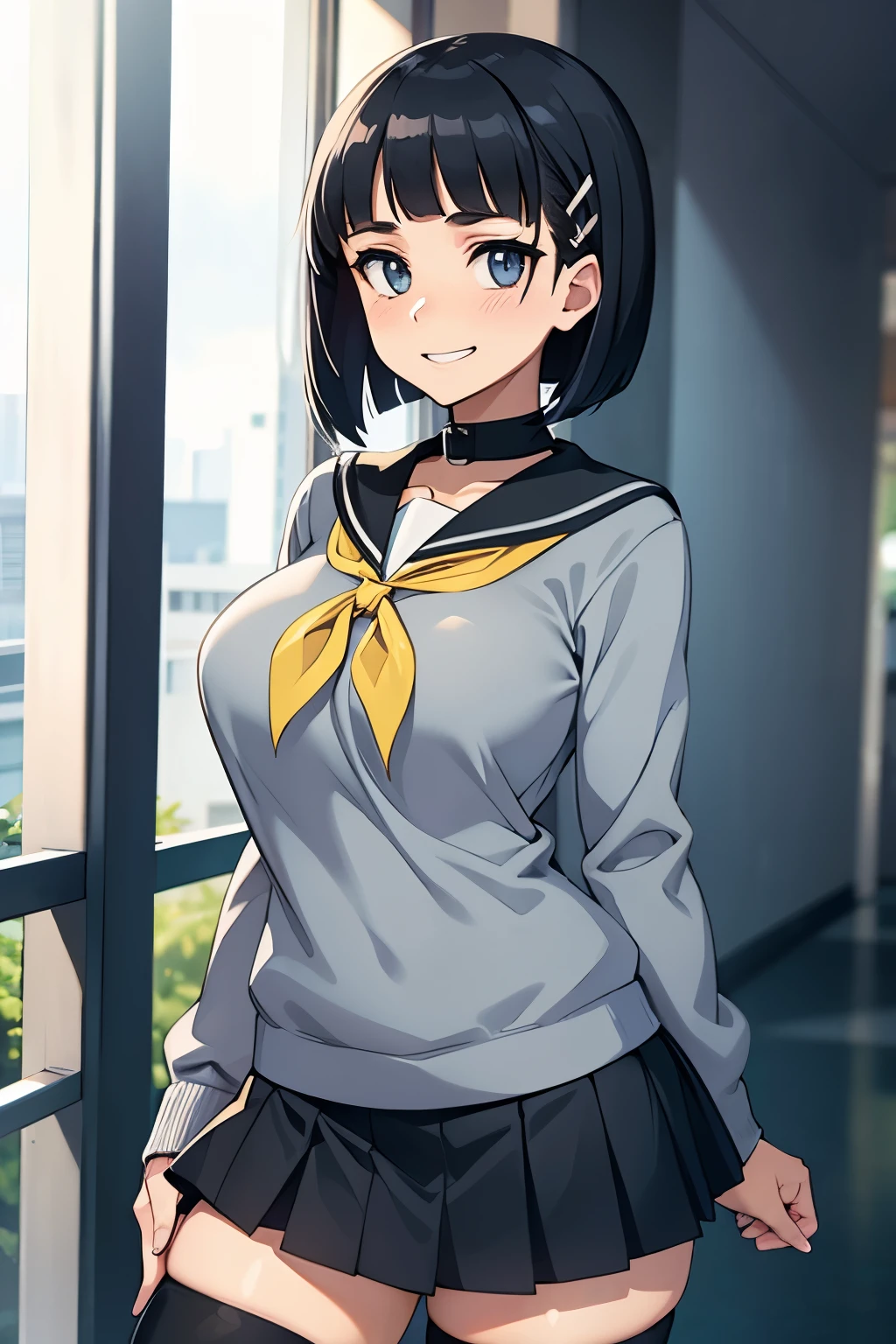 1 hot girl, dark hair, dark grey eyes, grin, gorgeous, aasugu, short hair, hairclip, grey sweater, black sailor collar, yellow neckerchief, black skirt, large breasts, thighhighs