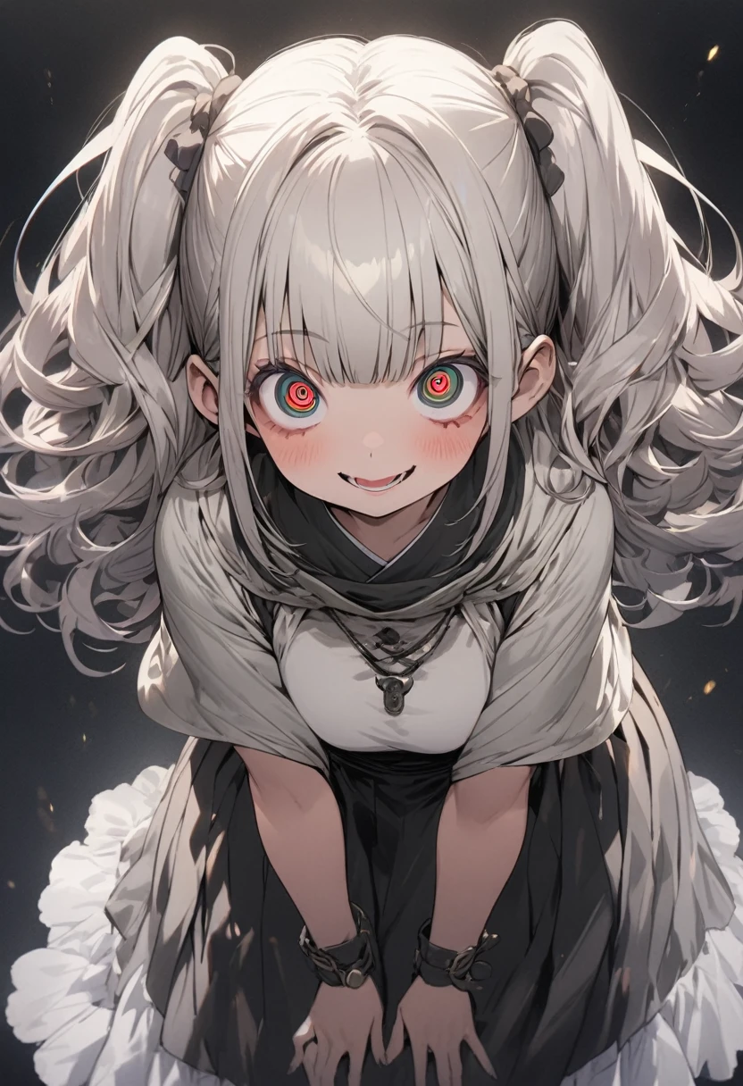 masterpiece, best quality, extremely detailed, high resolution, Japanese anime,1girl,white hair, short hair, voluminous hair, twintail, blunt bangs, charcoal gray eyes, with crazy eyes, (round eyes), (beautiful detailed eyes:1.2),16 -year-old ,original character, fantasy, leaning forward, full body, black background, hands behind, beautiful fingers, gray pantyhose, brown colored sneakers, busty, light-gray poncho, shoot from front, looking at viewer, medium shot