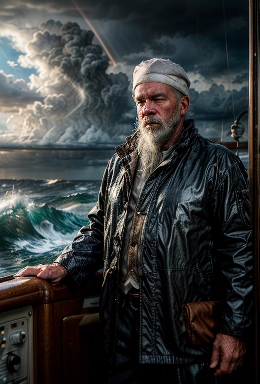 (((an old fisherman with white hair and a white beard, standing at the helm of his pilothouse and steers it through the rough stormy sea)), (Rain lashes against Pilothouse Window:1,2), heavily tanned face, deep facial wrinkles, he is wearing a fisherman's cap and has a tobacco pipe in his mouth from which smoke is rising, huge waves, rough waves, God's rays, foaming water, dramatic light, ray tracing,
