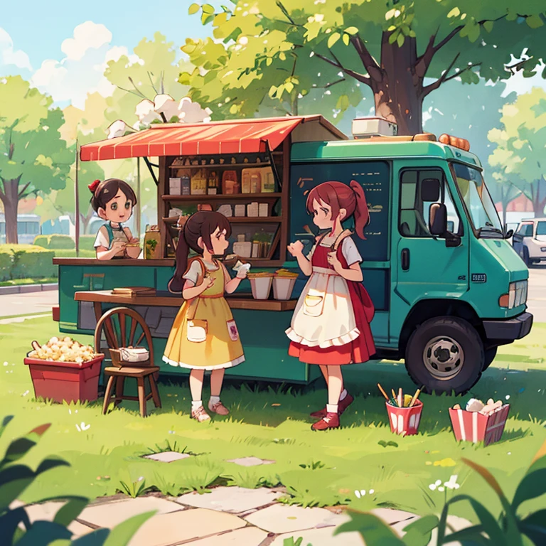 Girls making popcorn in the park　Apron and ponytail　Food truck