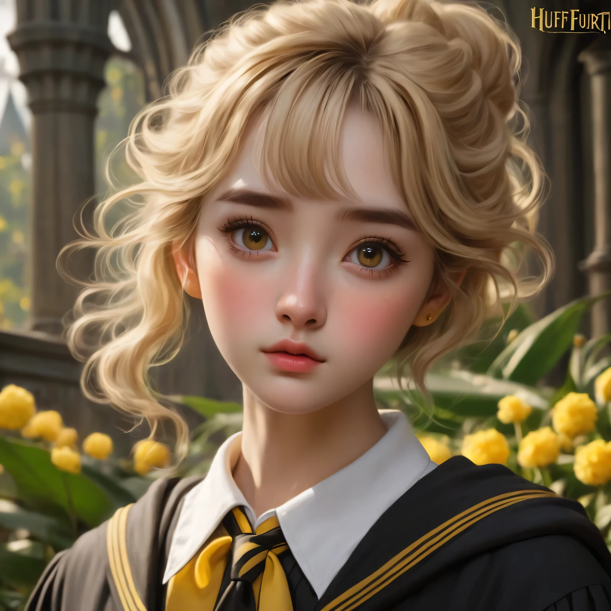 best quality, Masterpiece, Hogwarts students, Hufflepuff, The bangs have twin short, blond tails.,serious face, misbehave, freckles, brown eyes,Big, detailed, realistic eyes,realistic eyelashes, Face freckles with details, Fine skin,In Hufflepuff robes, Hogwarts Greenhouses background, Realistic style,In his hand he was planting a Mandrake tree..
