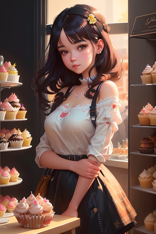 there is a woman standing in front of a display of cupcakes, adorable digital painting, realistic cute girl painting, cute detailed digital art, beautiful digital illustration, digital art ilya kuvshinov, beautiful digital artwork, stunning digital illustration, cute digital art, 🤤 girl portrait, loish art style, beautiful digital painting, gorgeous digital painting, cute detailed artwork