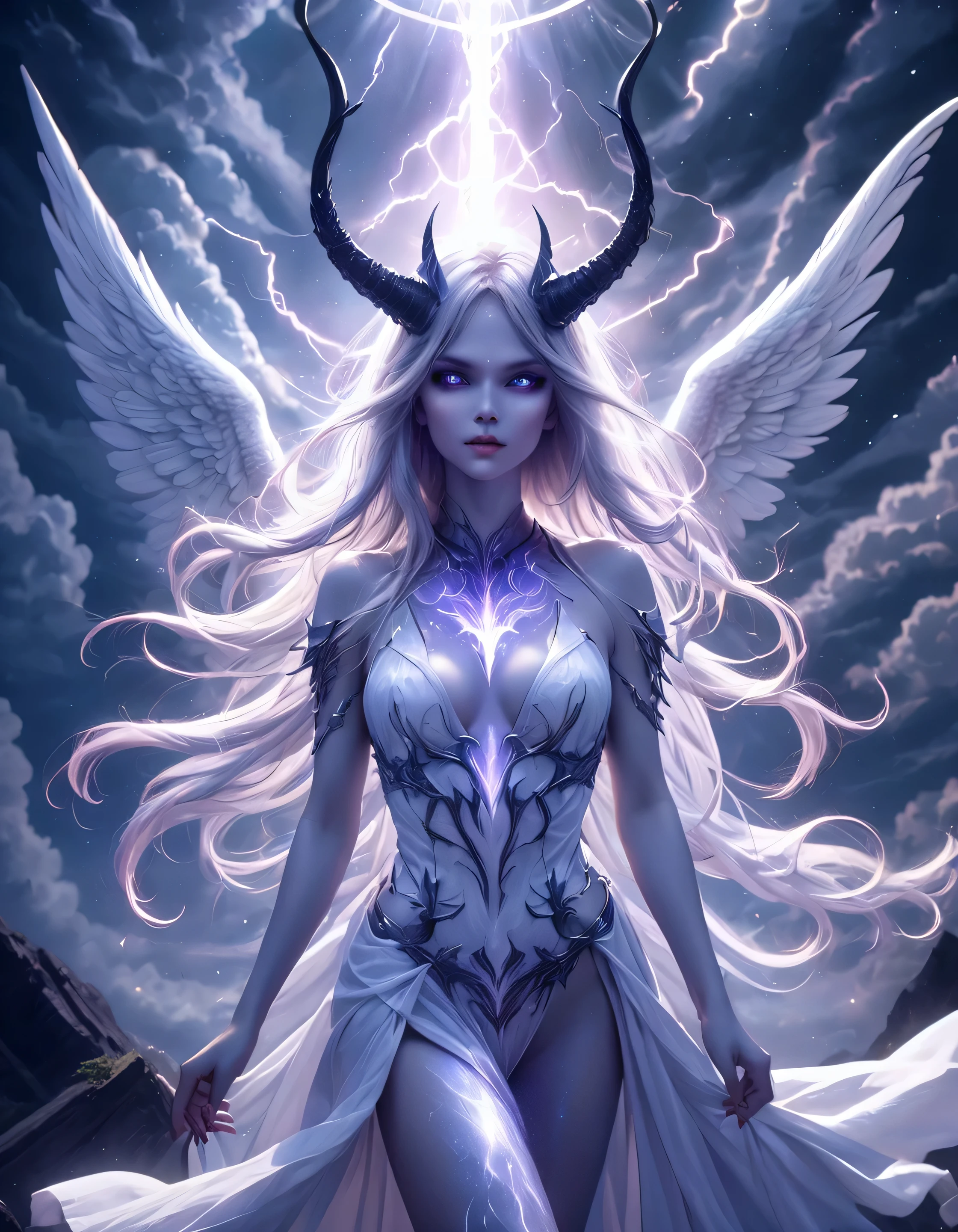 Full body shot, Demoness, busty, ((highest quality)),(ultra high resolution),(Super detailed),(detailed description),((best CG)),(best work of art),super precision art,amazing drawing art,(Fantasy art with intricate detail:1.5), A spear of light that pierces heaven and earth,Lightning emanating from the aurora cuts through the night sky,Angels blowing the trumpets of the end, naked, nude, pubic hair