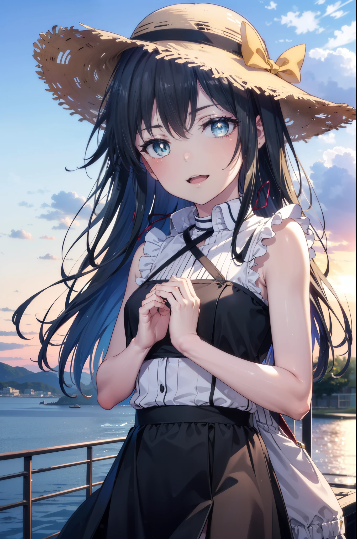 yukinoyukinoshita, Yukino yukinoshita, Black Hair, blue eyes, Long Hair,smile, Small breasts,happy smile, smile, Open your mouth,Straw hat,
, Sleeveless black dress,Black long skirt,Cute Sandals,walking,Real Summer,Daytime,sunny,whole bodyがイラストの中に入っていくように,evening,sunset,The sun is setting,
break outdoors ,Coastal Road　　　　　　　　　　　　　　break looking at viewer, whole body,
break (masterpiece:1.2), highest quality, High resolution, unity 8k wallpaper, (shape:0.8), (Beautiful and beautiful eyes:1.6), Highly detailed face, Perfect lighting, Highly detailed CG, (Perfect hands, Perfect Anatomy),