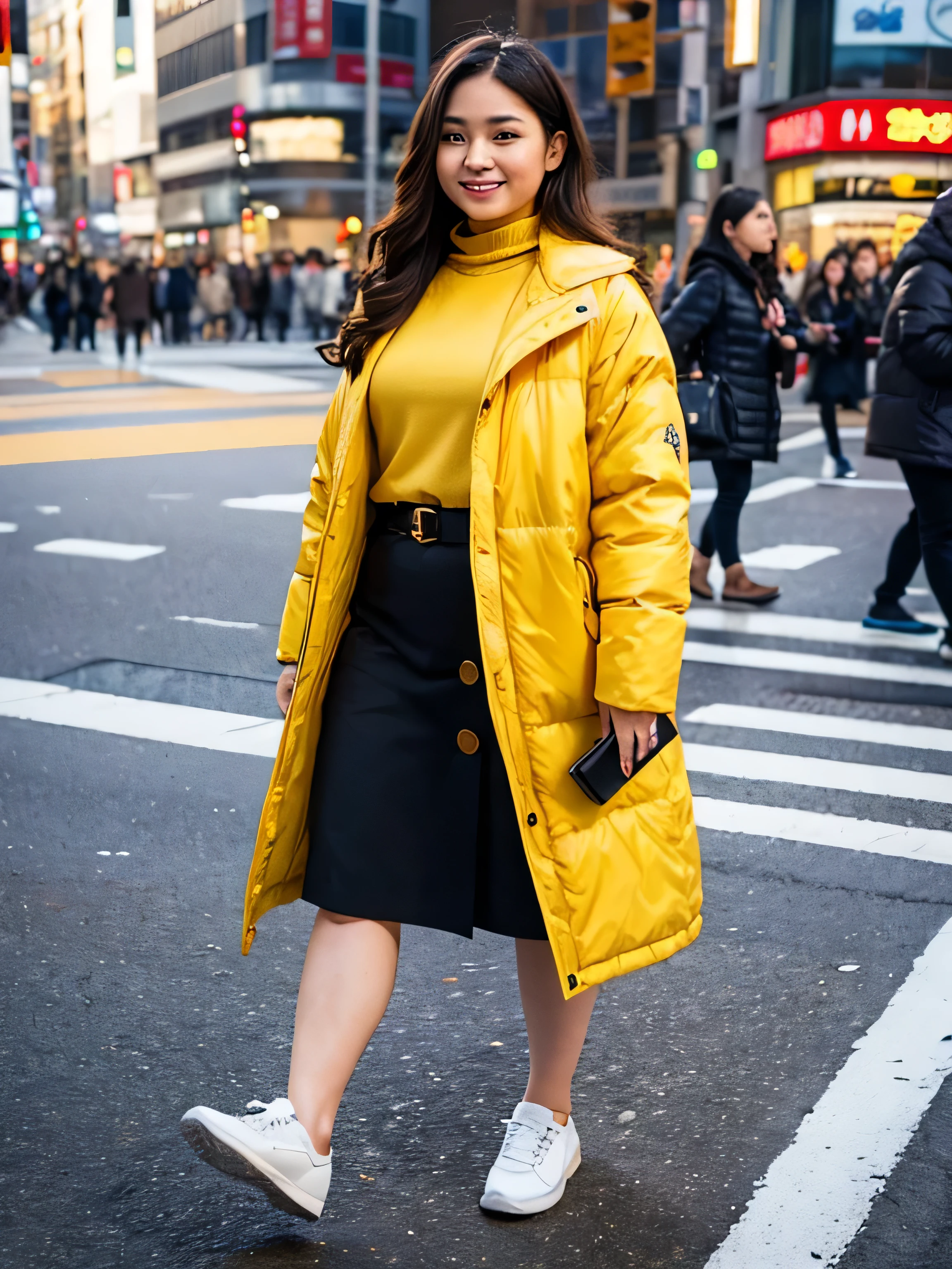 Indonesian woman 174tall, chubby body, long wavy dark brown hair, perfect smile, perfect eyes, wearing a yellowcoat jacket. Wearing white shoes, walking at the Shibuya intersection, surrounded by people. Afternoon. Sunset, winter